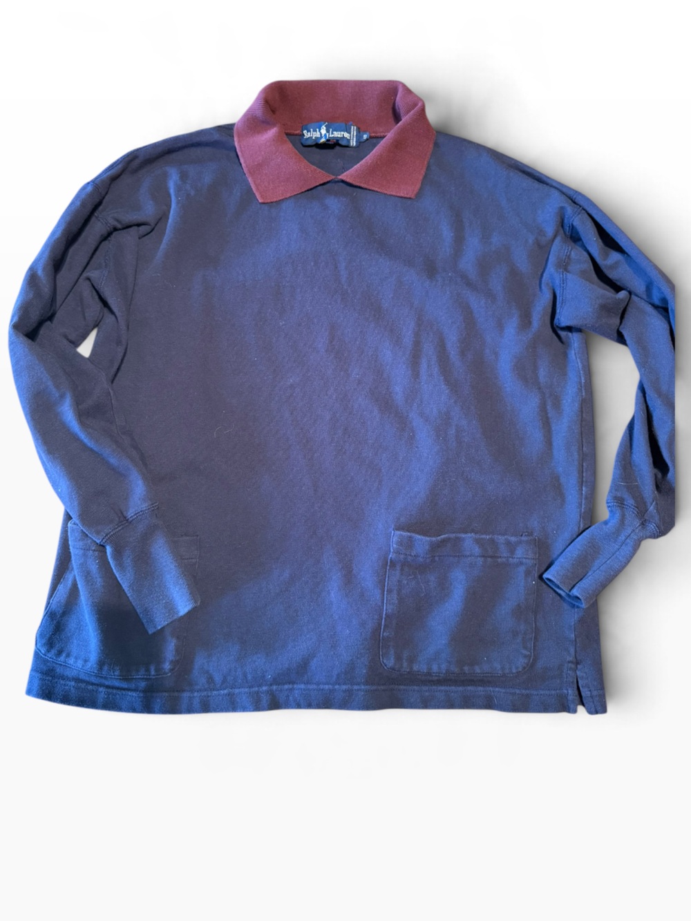 Vintage 80s Ralph Lauren Blue rugby style top with Burgundy Accent